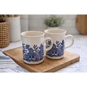 Blue Willow Stoneware Mugs Set of 2 Vintage Blue & White Chinoiserie Cups